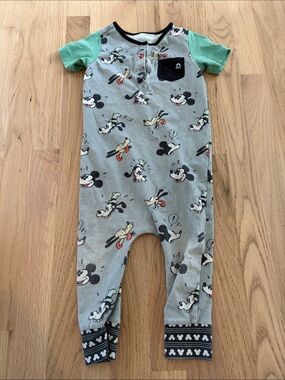 Rags Disney Mickey Mouse Gray & Green Kids One-Piece Romper